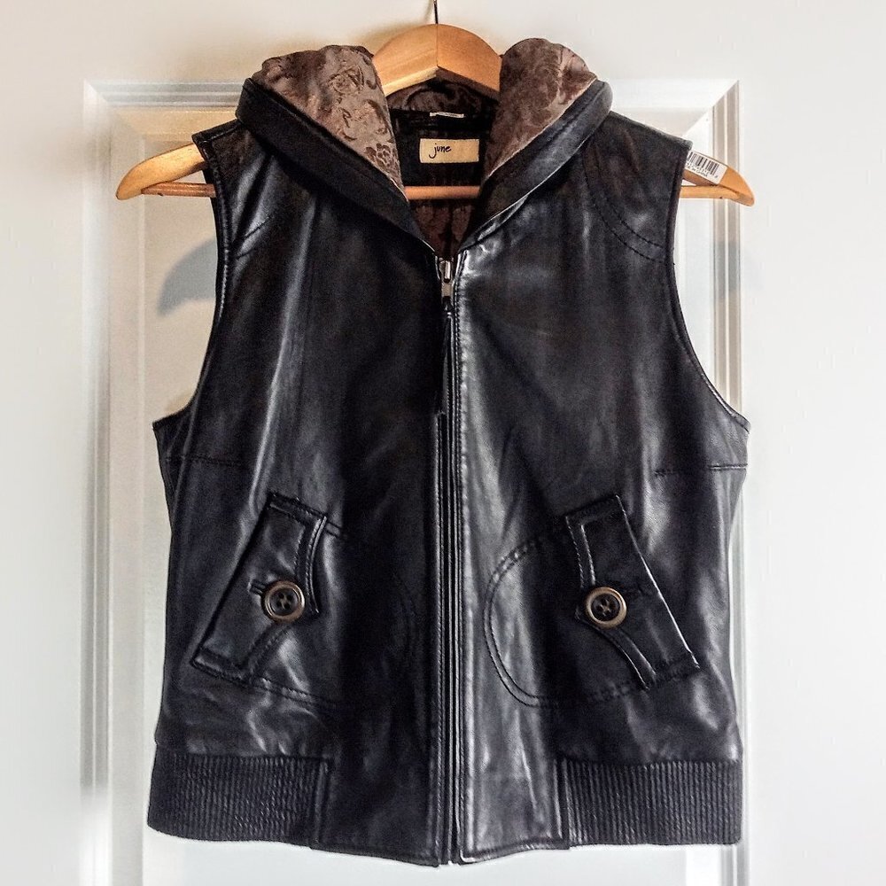 June Black Brown Hooded Leather Full Zip Vest
